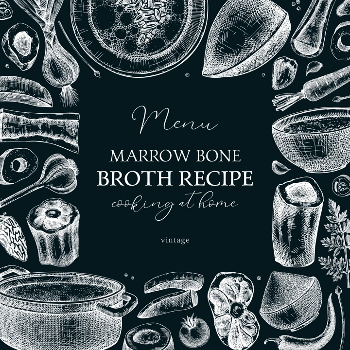 Healthy food background. Marrow bone broth frame. Hot soup on plates, pans, bowls, organ meat, vegetables, marrow bones sketches. Hand drawn vector illustrations. Homemade food on chalkboard